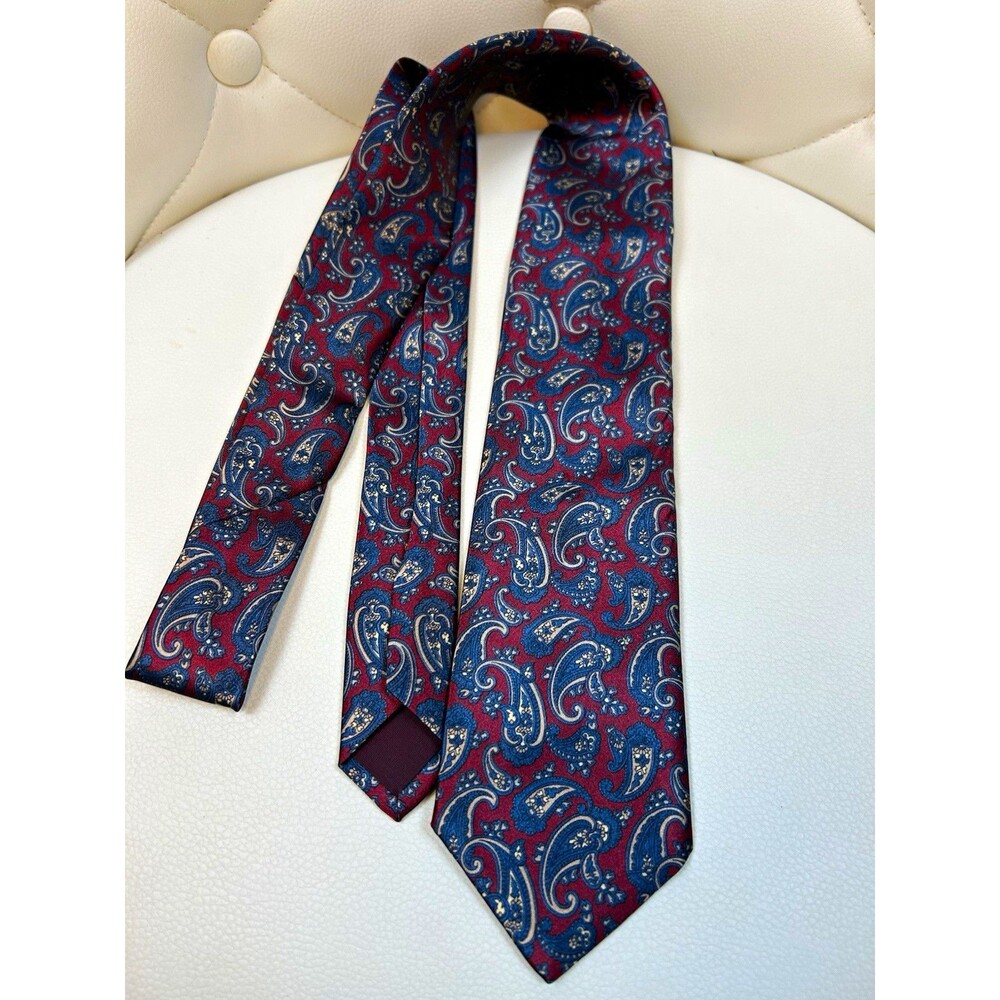 Vintage 90s Oakton Ltd. Men's Woven Paisley Tie Burgundy Blue White Pointed